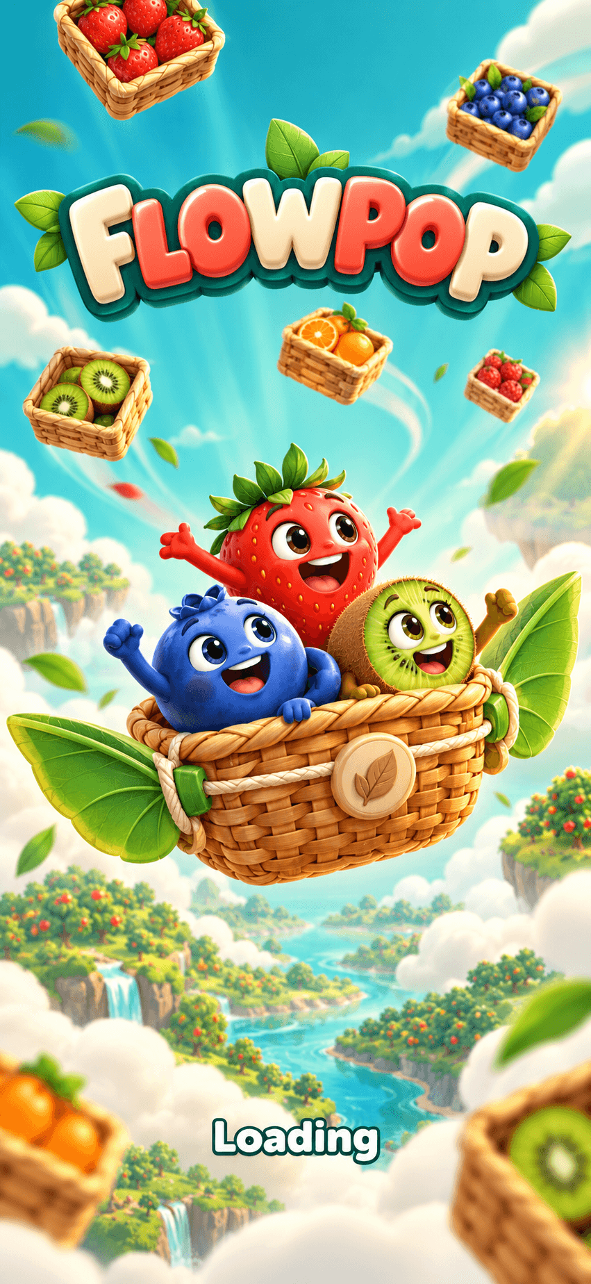 Flowpop loading screen with the strawberry, blueberry and kiwi crew